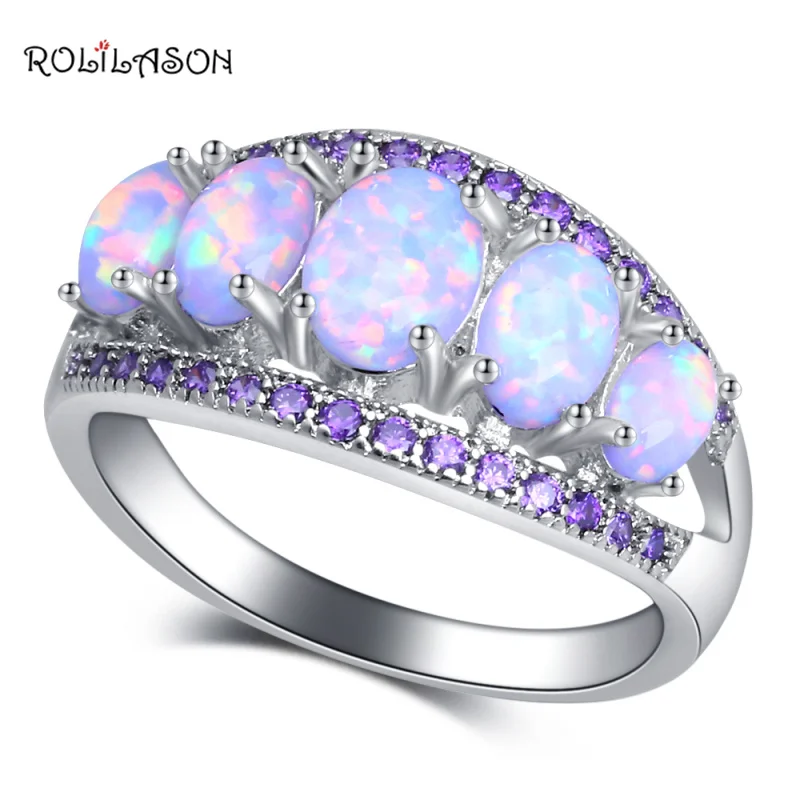 

ROLILASON Exquisite gift White Fire Opal Purple crystal Fashion Jewelry for Women 925 Silver Rings USA Size #6#7#8#9#10 OR903