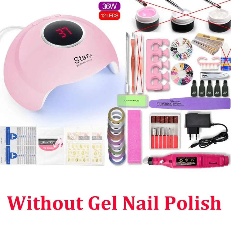 36W UV Lamp NO GEL 10 шт. набор гель-лаков для ногтей маникюрный набор УФ лампа Сушилка акриловый набор для ногтей УФ удлинитель гель набор Электрический Маникюр дрель инструмент для дизайна ногтей - Цвет: 36W UV Lamp NO GEL