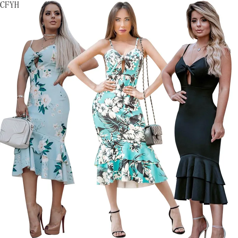 Летнее сексуальное платье русалки женское на бретельках с бантом Vestidos