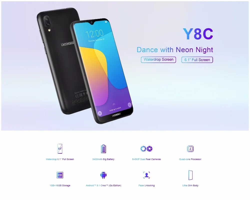 DOOGEE Y8c 6 1 дюймов 19:9 водонепроницаемый экран LTPS смартфон разблокировка лица 16 Гб rom