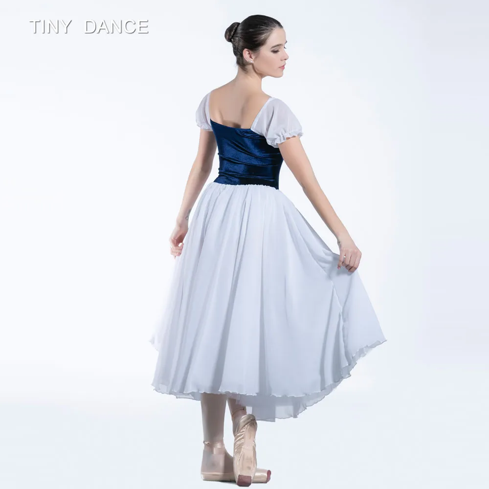 Short Sleeve Dance Costume Navy Blue Bodice and White Chiffon Long Dress for Ballet Dancing Dresses Performance Costumes 19233 |