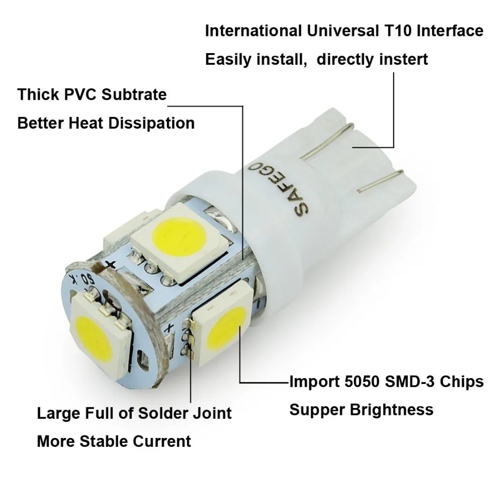 Safego 30 шт. W5W светодиодный T10 светодиодный 5 SMD 5050 12 V Супер Белый Заменить для авто Подсветка салона лампы для чтения Потолочные плафоны