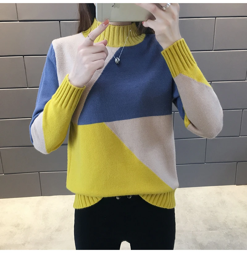 Красивый вязаный свитер контрастного цвета женские пуловеры осенне-зимний с