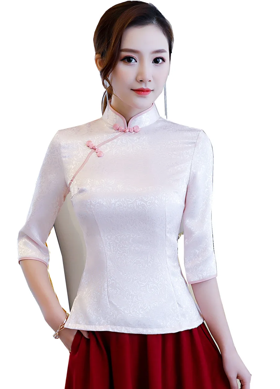 Розовый Shanghai Story традиционные китайские топы, 3/4 рукав, cheongsam Топ, традиционный китайский топ, смесь хлопка, блузка, Топ - Цвет: Розовый