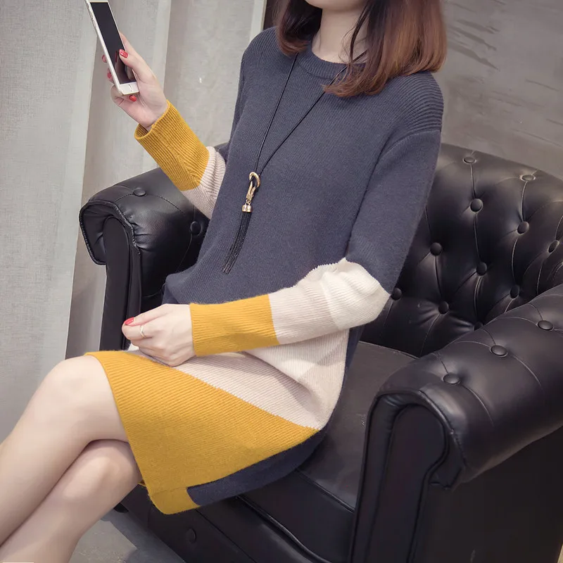 Women Fashion Thick Sweater Dresses Plus Size 4XL Casual Sexy Knitted Cotton Autumn Long Sleeve Pullovers Dress Vestidos L117 | Женская