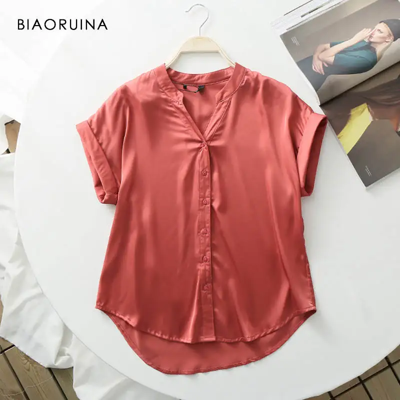 Кораллово-Красный BIAORUINA, 6 цветов, женские винтажные атласные топы с v-образным вырезом, короткий рукав, женские шикарные свободные однобортные топы, повседневные летние топы - Цвет: Кораллово-Красный