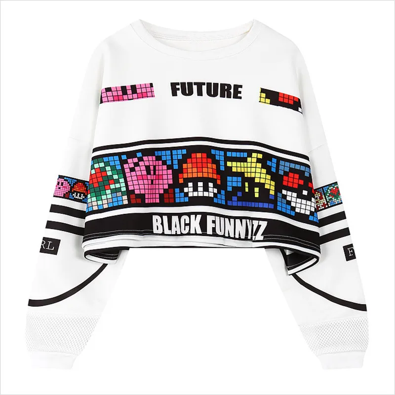 Для женщин Осень Толстовка моды Корейский игровой Box Цифровой укороченный Топы