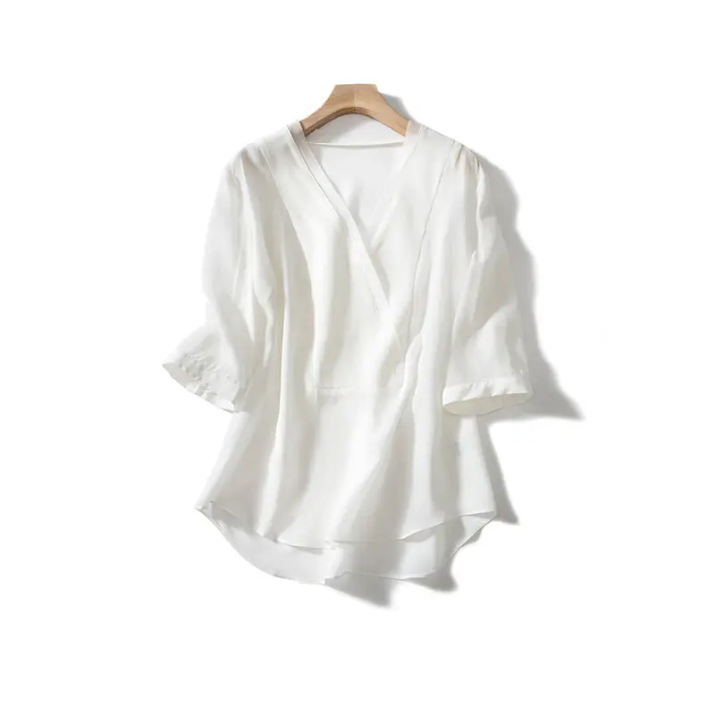 As picture Heavy Silk Blouse V Neck 2 Colors Solid Womens Half Sleeve High Quality Loose Silk Blouses Casual New Fashion - Цвет: As picture