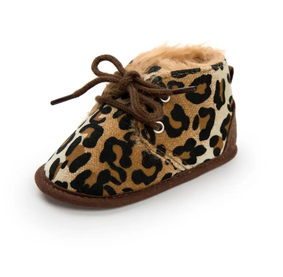 Newborn Baby Winter Shoes Boots Crib Bebe Girls Kids Boys First Walkers Super Warm Snowfield Soft Soled Lace Up Sneakers Booty - Цвет: Leopard