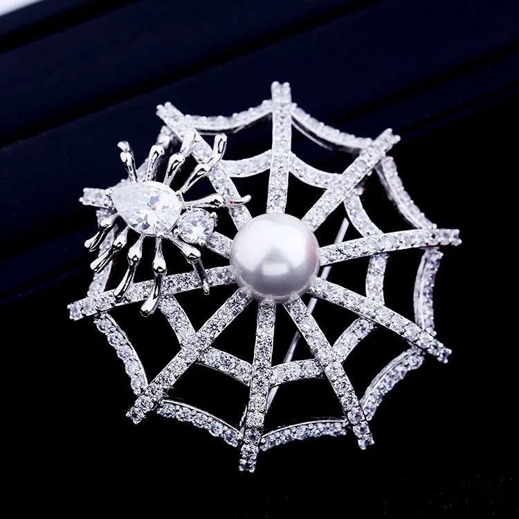 Винтаж Белый перламутр куполообразный CZ паутина брошь серебряного цвета