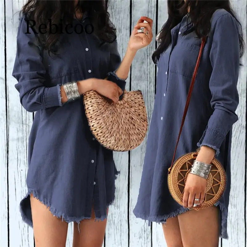 

New autumn women's dress ladies long-sleeved denim shirt dress casual lapel collar women's dress tassel loose Clothes