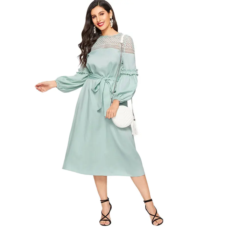 SHEIN Платье С Оригинальным Рукавом И Поясом Винтажное Платье С Кружевными Вставками Стильное Макси Платье