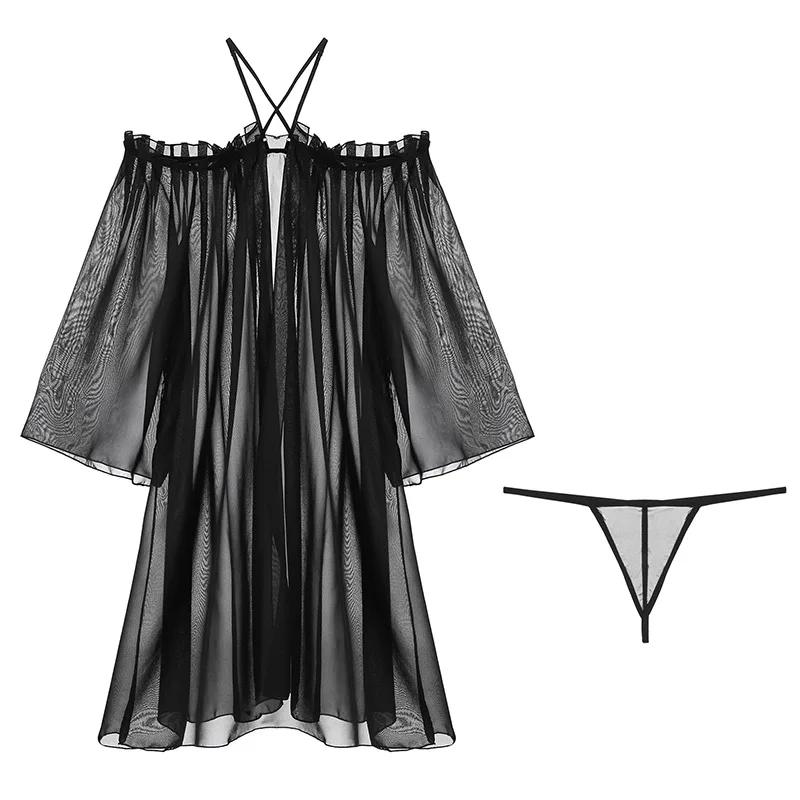

new sexy female lingerie lace sleepwear low-cut off-the-shoulder long-sleeved perspective straps nightgown nightdress set