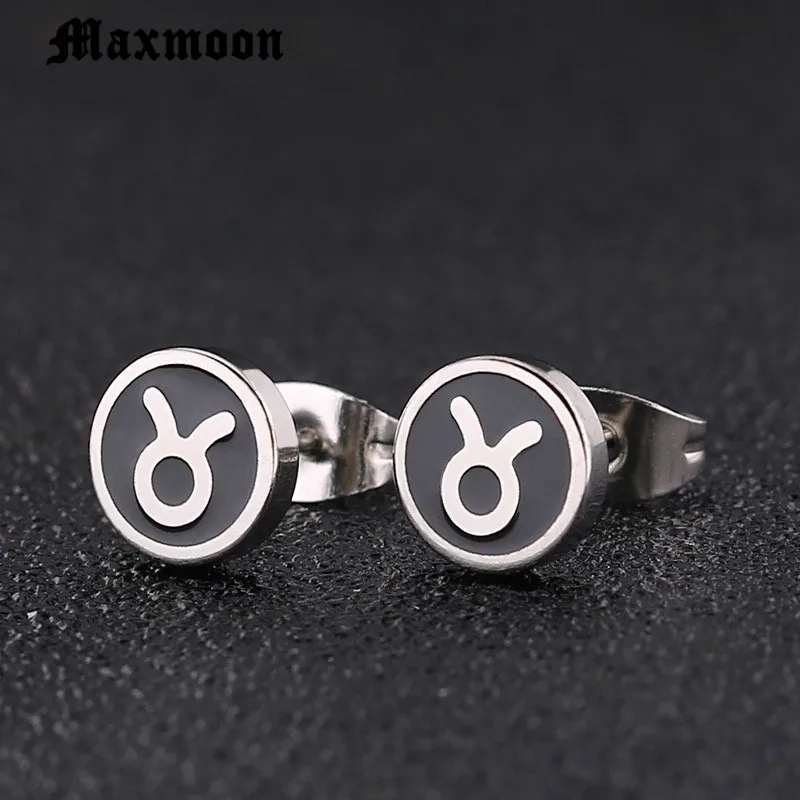 Maxmoon Men's Earring Twelve constellations Taurus Male Stainless Steel Ear Clip Studs Earing Men Jewelry images - 6