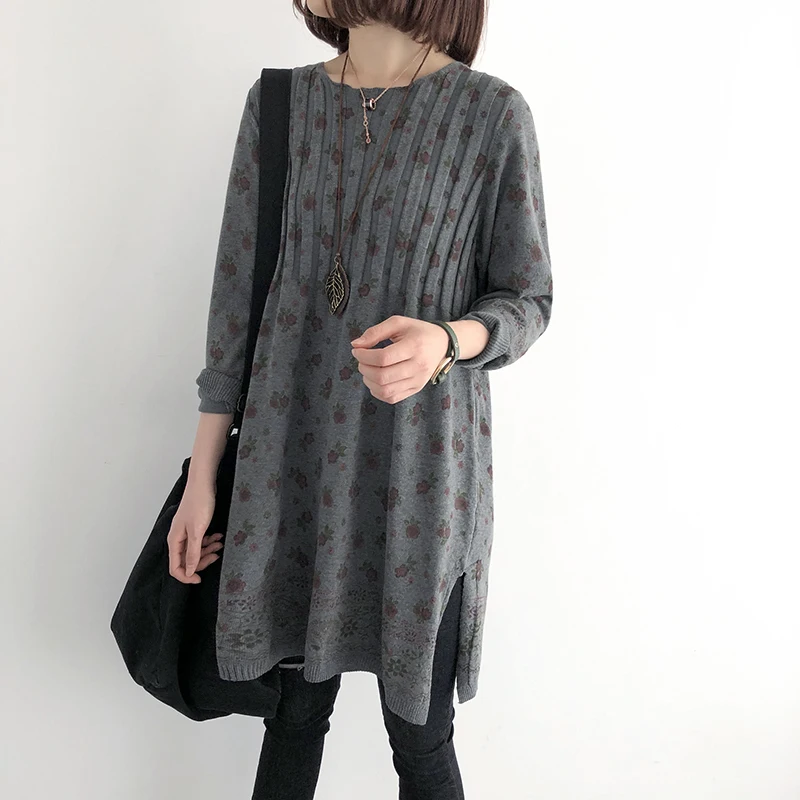 2019 Women Print Floral Cotton Long Shirt Summer Spring Sleeve Vintage Knit Coat Big Size Loose Blouse YoYiKamomo |