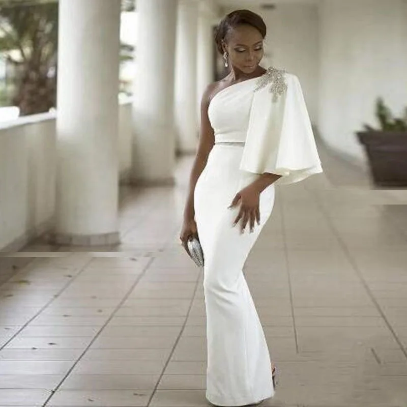 

White Mermaid Evening Formal Dresses One Shoulder 3/4 Sleeves Beading African Dubai Women 2019 Long Prom Gown Robe De Soiree