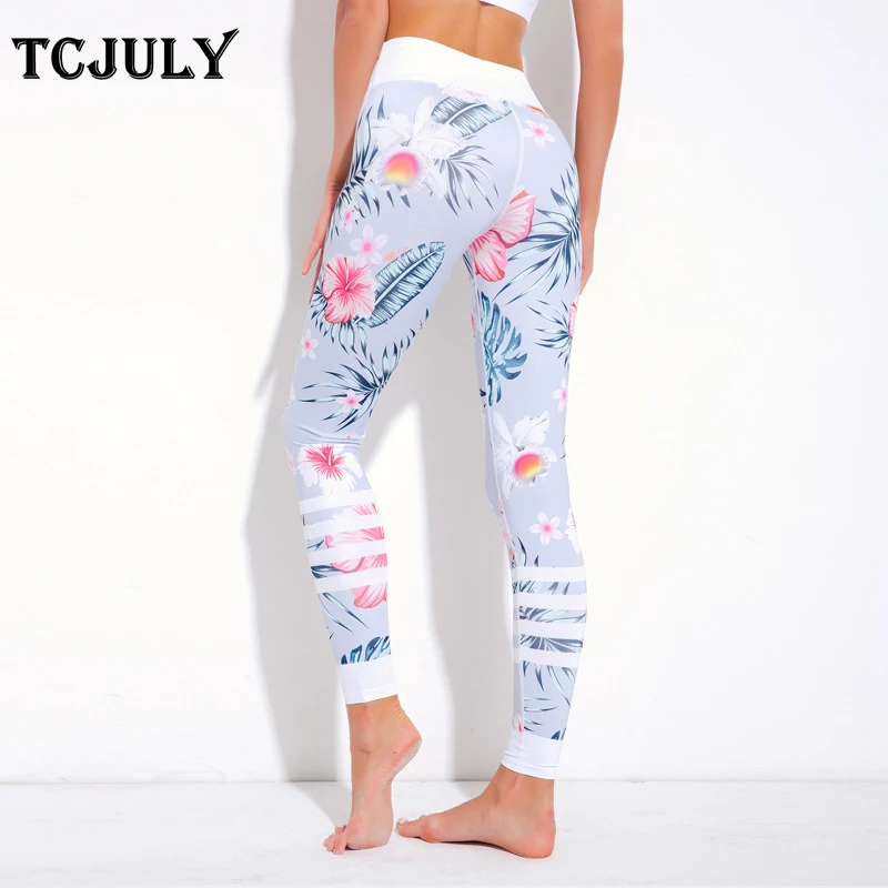 TCJULY Америка Горячая Распродажа цветы печати высокая талия Женщины Push Up обтягивающие леггинсы белые до щиколотки длина штаны леггинсы для фитнеса