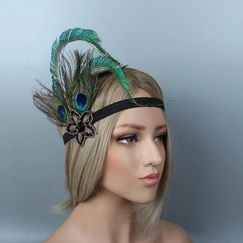 Повязка на голову с перьями павлина для невесты эластичная лента разноцветными
