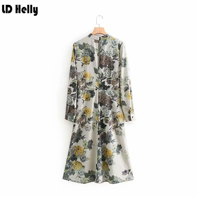 LD Helly Elegant Women Floral Print Dress Stand Collar Pleated Long Sleeve Mid-Calf Dresses Ladies Office Workwear Vestidos | Женская