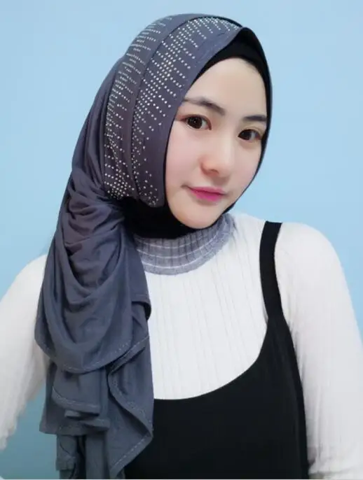 H1082 мода упругой хлопковый трикотаж длинный шарф со стразами модальные