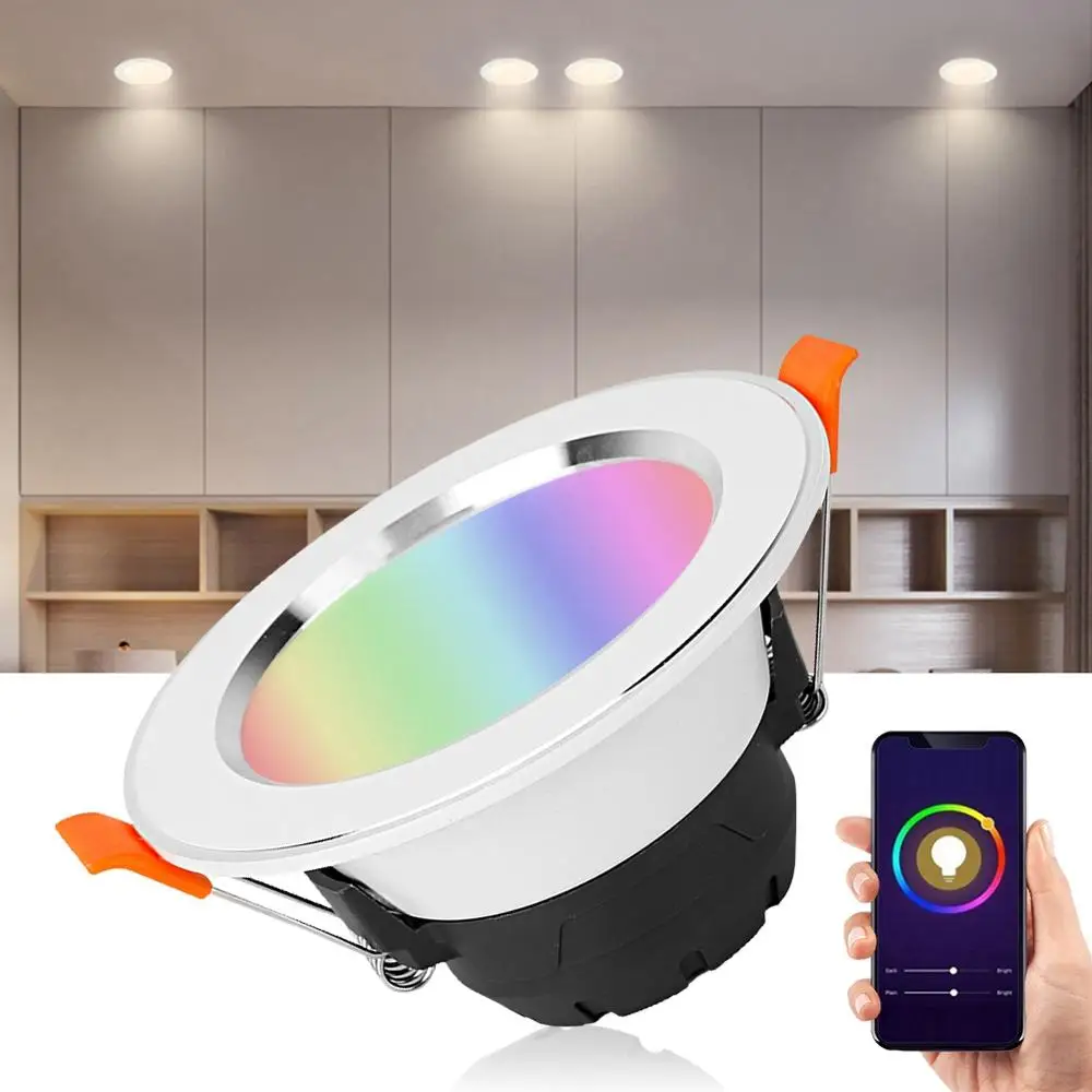 AC 85-265V 7W RGB+W Smart WIFI LED Downlight Light Voice APP Control Lamp Silver Ring