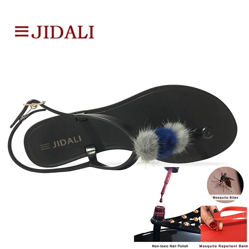JIDALI/Модная обувь; женские вьетнамки из меха норки; нетоксичный лак для ногтей или Противомоскитный бальзам; Летние сандалии с Т-образным ремешком из ПВХ