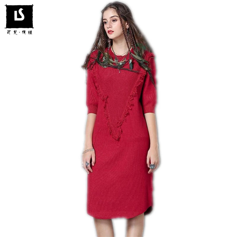 

2020 Spring Autumn Dress For Women Retro Wool Sweater Dress Tassel Elastic Half sleeve Dresses Casual Wear Office Ladies Vestido