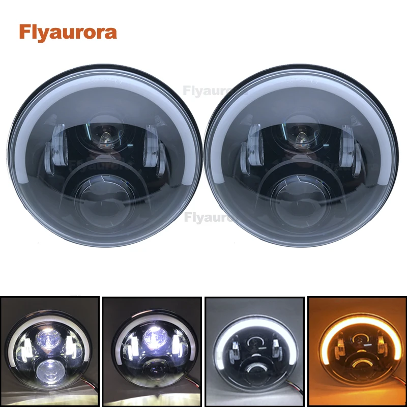Flyaurora 7inch LED Headlight DRL Angle Eye Hi Low Turn Signal Driving Light Led Headlamp 12V for Jeep Wrangler Lada Niva | Автомобили и