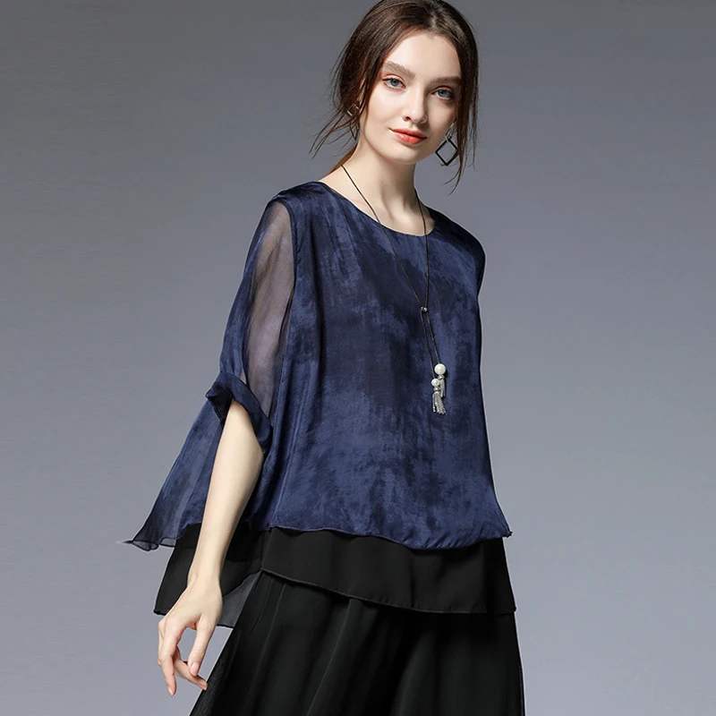 

Large size ladies' Summer new women's loose fashion patchwork print Silk blouse round neck irregularity short sleeve slik top