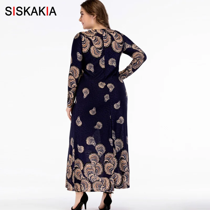 Siskakia, винтажное, шикарное, с принтом, макси, длинное платье, весна-осень, для женщин, стройнящее, размера плюс, до колена, платья, круглый вырез, длинный рукав