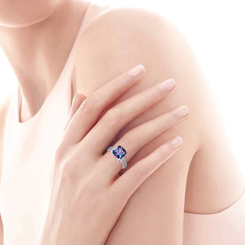 JQUEEN драгоценный камень 7.3ct Подлинная Радуга Огонь Мистик Топаз Кольцо чистый твердый 925 пробы серебро обручальное кольцо кольца для женщин