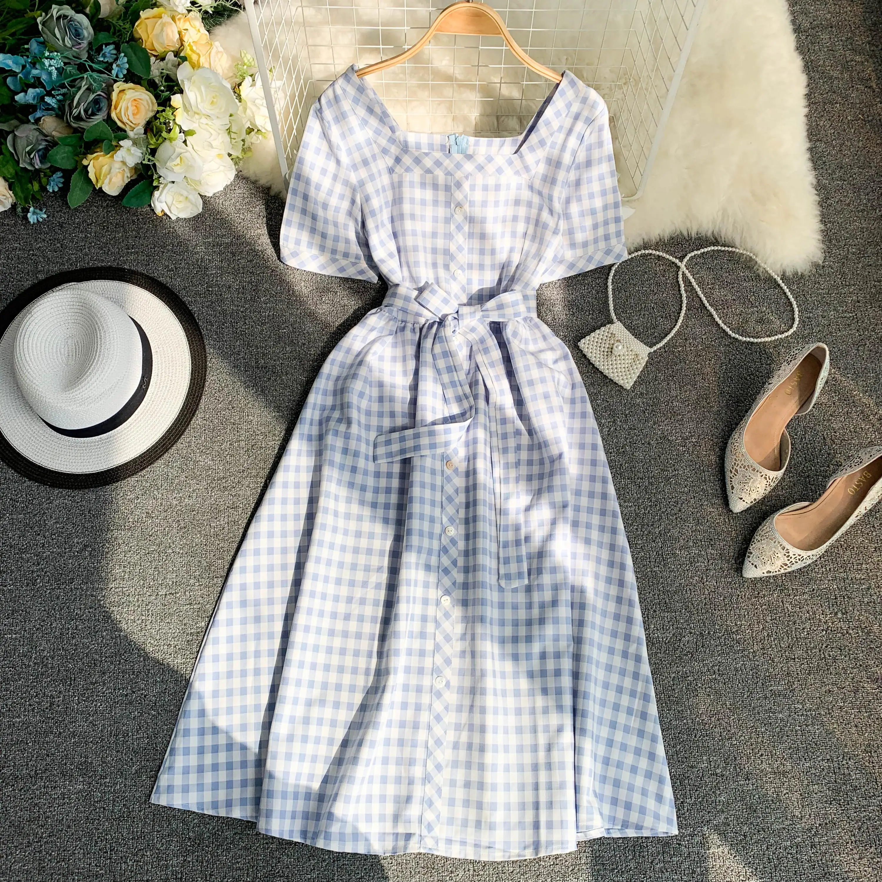 Новинка 2019 женское винтажное платье в клетку тонкое ТРАПЕЦИЕВИДНОЕ ПЛАТЬЕ С