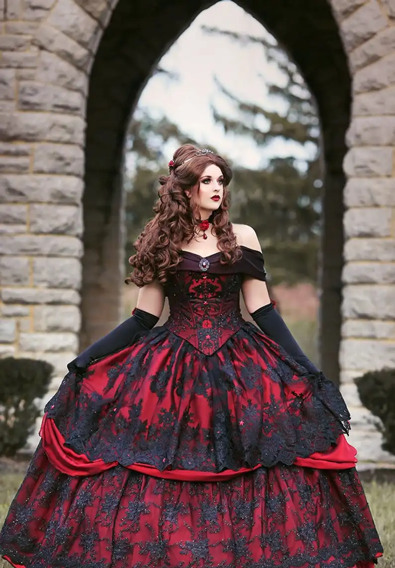 Gothic Belle Red Black Lace Wedding Gown Vintage Lace-up Corset Steampunk Sleeping Beauty Off Shoulder Plus Size Bridal Gown