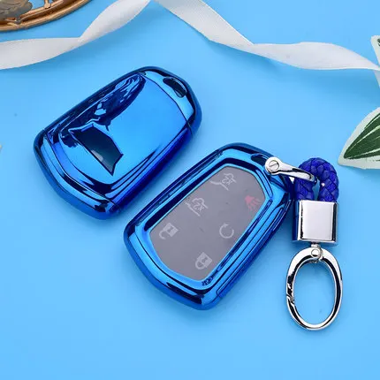 blue with keychain ТПУ ключ чехол Обложка Ключ чехол в виде ракушки держатель для Cadillac Escalade CTS XTS ATS ATS-L XLS SRX от АТС ХЦ 4/5/6 Кнопка 28Т CTS-V XT5 CT6 - Название цвета: blue with keychain