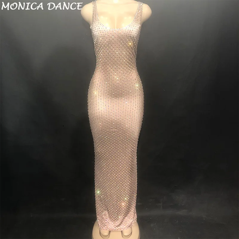 

Women Sexy Stage Skin Color Long Dress Sleeveless Full Of Sparkling Crystals Nightclub Party Banquet Stage Wear Costumes