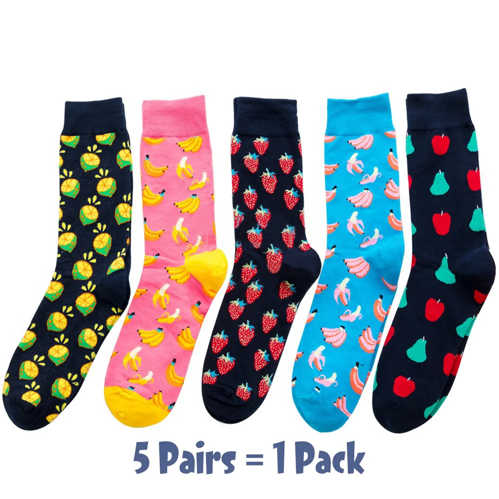 5 Pairs 5 пар, женские длинные носки, индивидуальные мужские счастливые носки, хлопковые кавайные милые носки с фруктами, баннером лимон, клубника, теплые уличные носки - Цвет: 5 Pairs