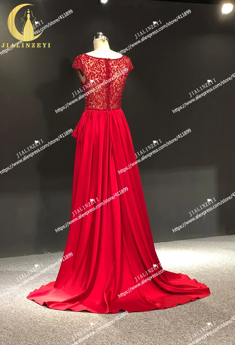 JIALINZEYI Real Sample Picture Red Cap Sleeves Beads Slit Satin Fashion vestidos de novia Dress for Party Evening Dresses