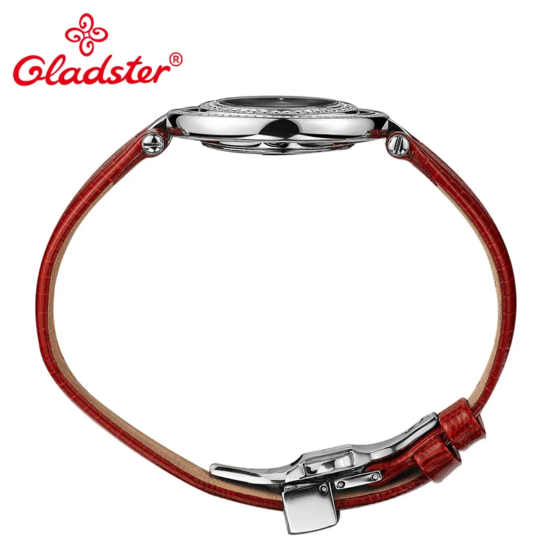 Женские кварцевые часы Gladster японские MIYOTA GL20 с бриллиантом красные кожаные