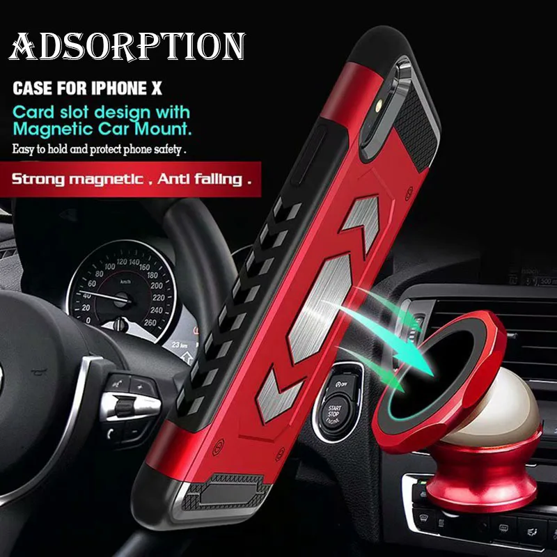 2 In 1 Magnetic Car Mount Armor Case for iPhone X XR XS Max Card Holder 6 6s 7 8 Plus Shockproof Coque Capa |