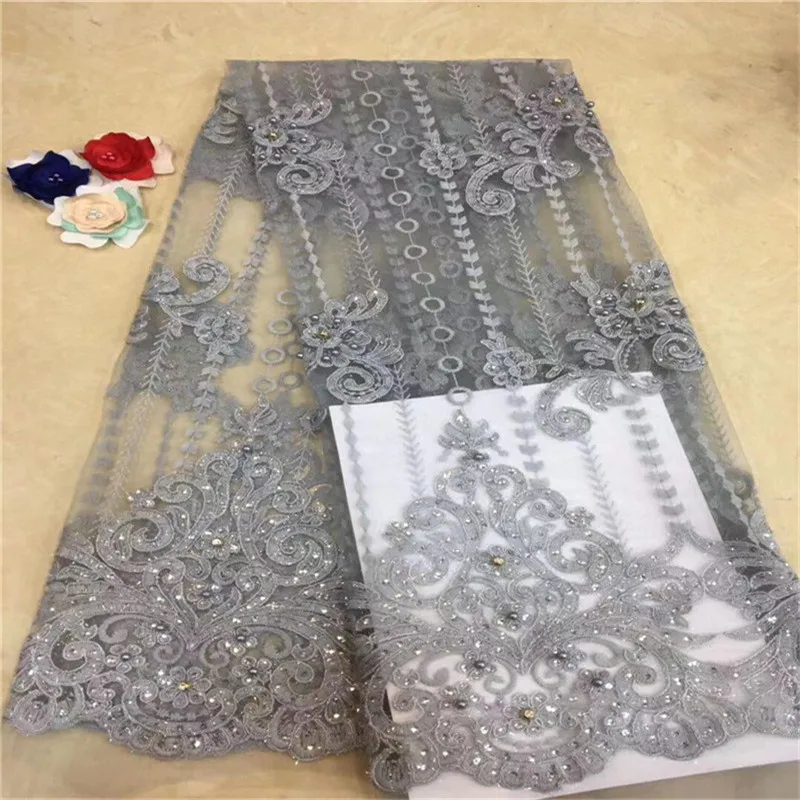 

New Nigerian Lace beads Fabric High Quality Embroidered African Laces Fabric For Wedding Dress French Tulle Lace Rhinestones