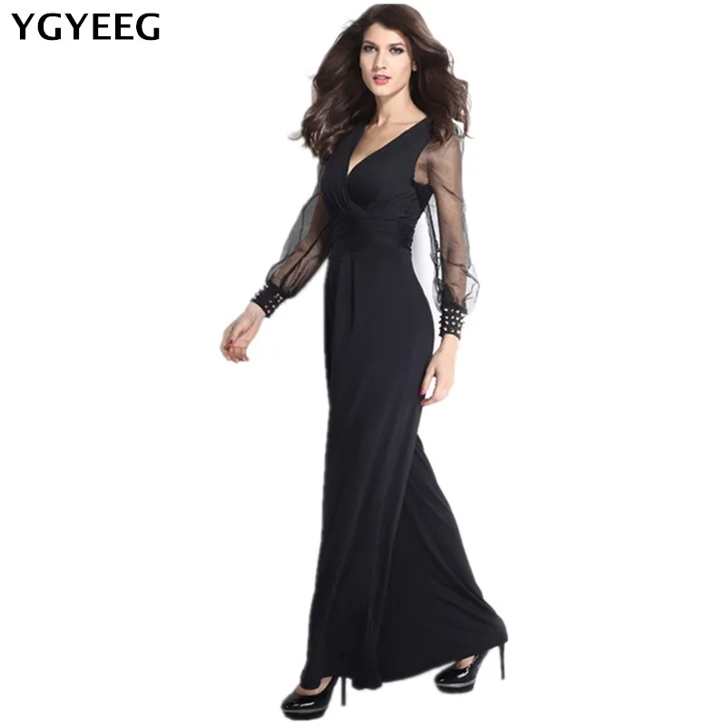 

YGYEEG Summer Jumpsuit Women Work Sexy Deep V Collar Mesh Long Sleeve Jumpsuit Flare Trousers Party Embellished Cuffs Jumpsuits
