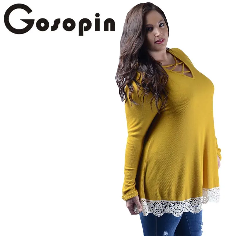 Gosopin/большие размеры осенне-зимние футболки с v-образным вырезом женские