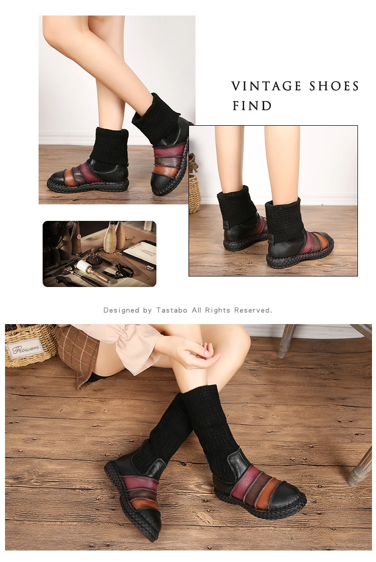 Tastabo Boots Women Genuine Leather Boots Shoes Woman Autumn Handmade Lady soft Flat shoes Casual Women's shoes