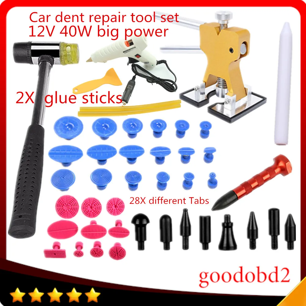 Car Paintless Dent Repair Tool 28X Pulling Tabs Hammer Knock Down Pen +40W Melt Glue Gun