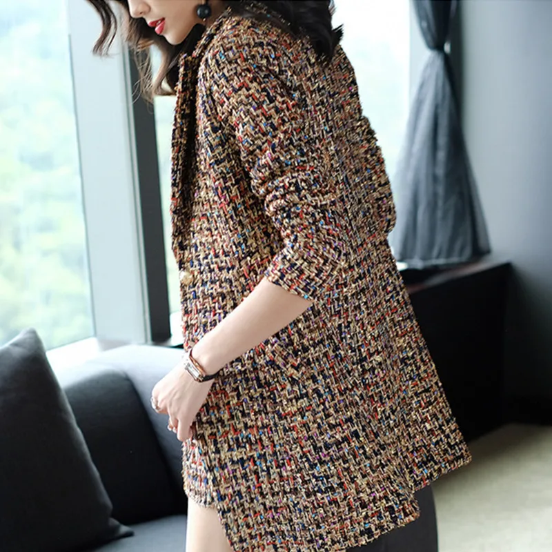 New Elegant Women Tweed Jacket Suits Spliced Twill Long Plaid Blazer Coat Shorts Outfits OL Office Work Formal Suit Sets