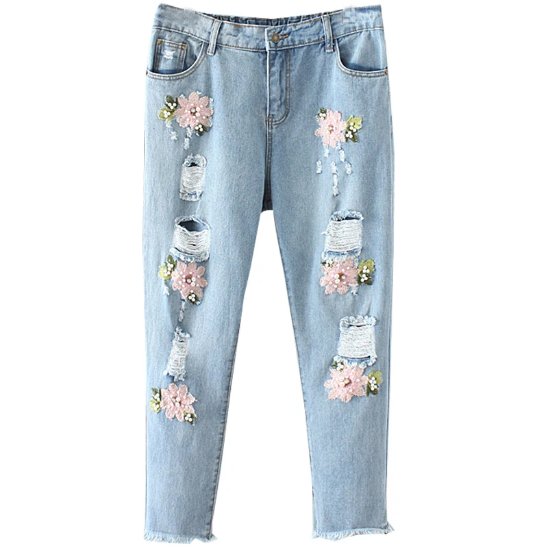 Рваные джинсы для Для женщин с вышивкой свободные брюки длиной до щиколотки