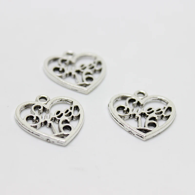 25 шт 19 мм x 21 античный серебряный тон Сладкий 16 подвеска в форме сердца|silver heart