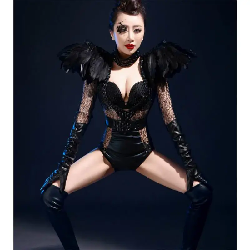 Костюм с черными перьями кожаный боди модная цельный сетчатый костюм для ночного