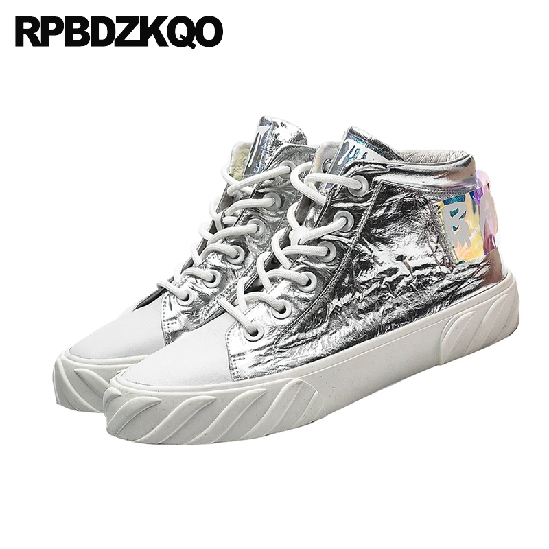 Женские кроссовки с толстой подошвой серебристые зеркальные туфли на плоской