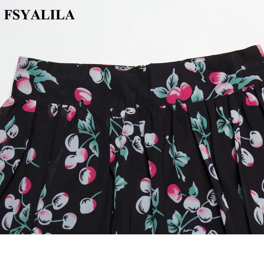 Шифоновое черное платье с вишенками из двух частей для женщин 2018 весна лето